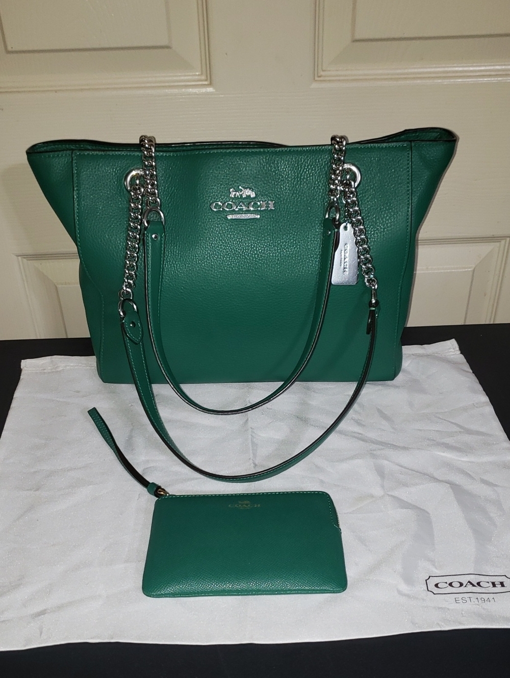 Coach Cammie Chain Leather Shoulder Tote Bag & Zip Wallet Emerald Green NWOT